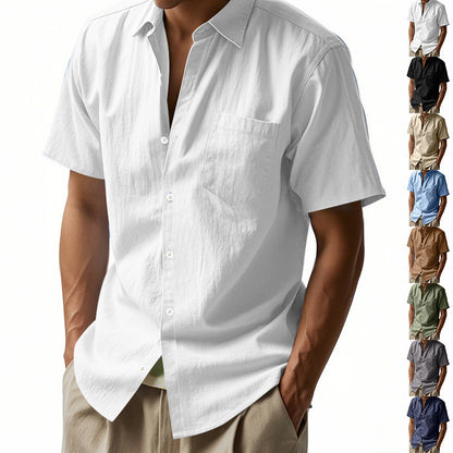 Solid Color Casual Linen Blouse With Short Sleeve And Shirt Collar For Men