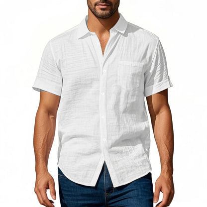 Solid Color Casual Linen Blouse With Short Sleeve And Shirt Collar For Men