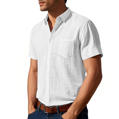 Solid Color Casual Linen Blouse With Short Sleeve And Shirt Collar For Men