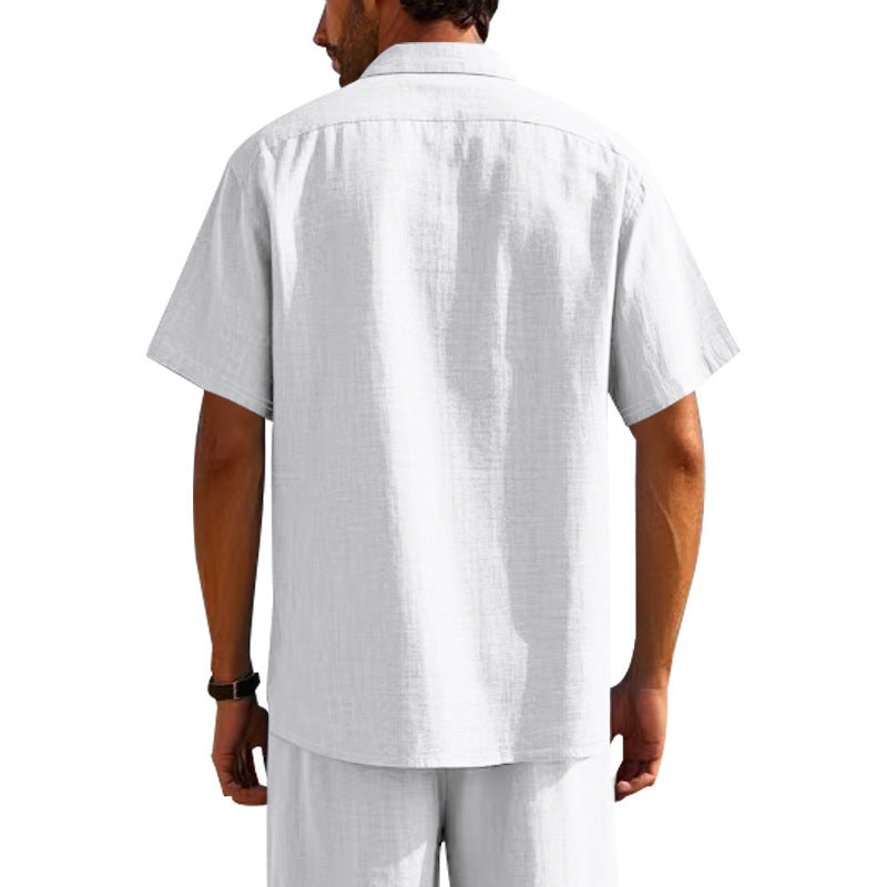 Solid Color Casual Linen Blouse With Short Sleeve And Shirt Collar For Men
