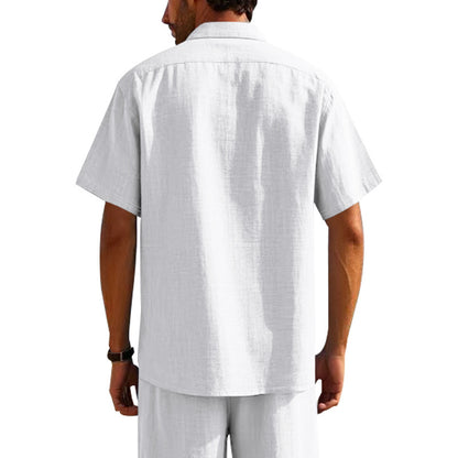 Solid Color Casual Linen Blouse With Short Sleeve And Shirt Collar For Men