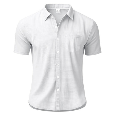 Solid Color Casual Linen Blouse With Short Sleeve And Shirt Collar For Men