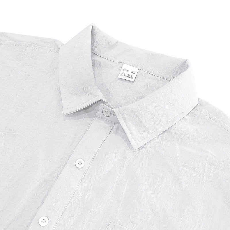 Solid Color Casual Linen Blouse With Short Sleeve And Shirt Collar For Men