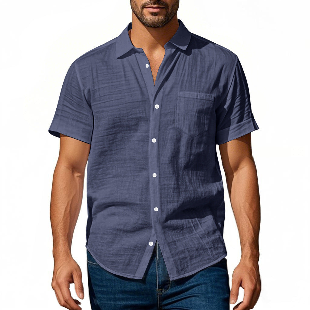 Solid Color Casual Linen Blouse With Short Sleeve And Shirt Collar For Men