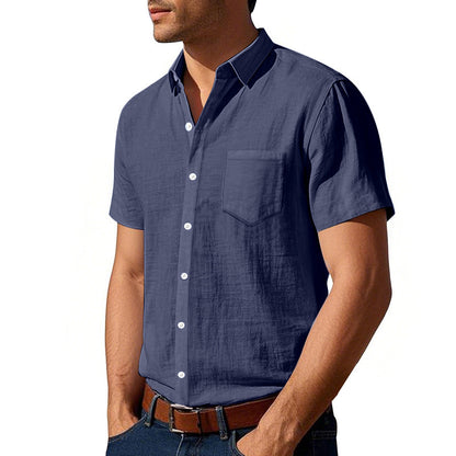 Solid Color Casual Linen Blouse With Short Sleeve And Shirt Collar For Men