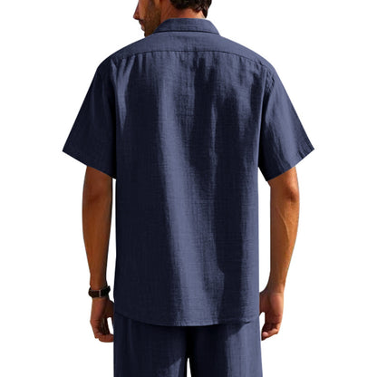 Solid Color Casual Linen Blouse With Short Sleeve And Shirt Collar For Men