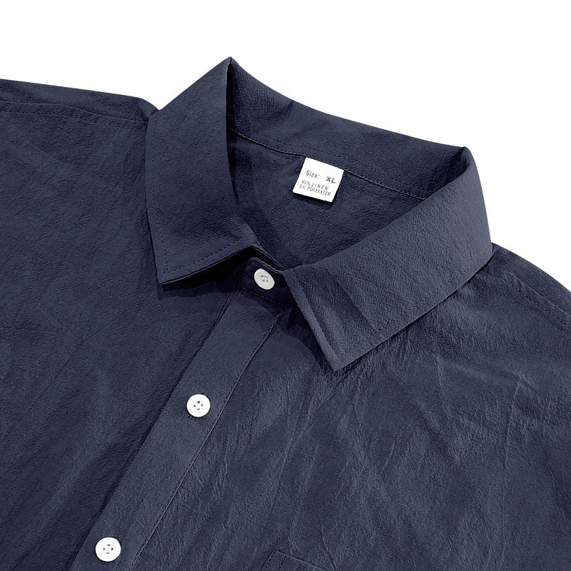 Solid Color Casual Linen Blouse With Short Sleeve And Shirt Collar For Men