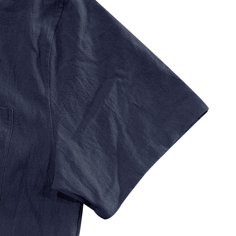 Solid Color Casual Linen Blouse With Short Sleeve And Shirt Collar For Men