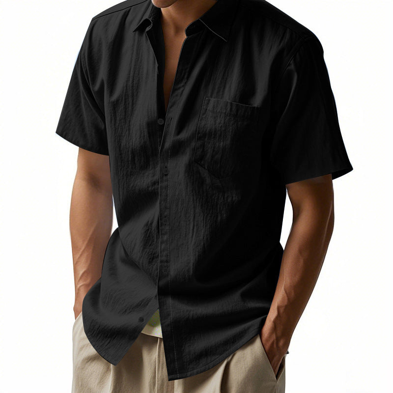 Solid Color Casual Linen Blouse With Short Sleeve And Shirt Collar For Men