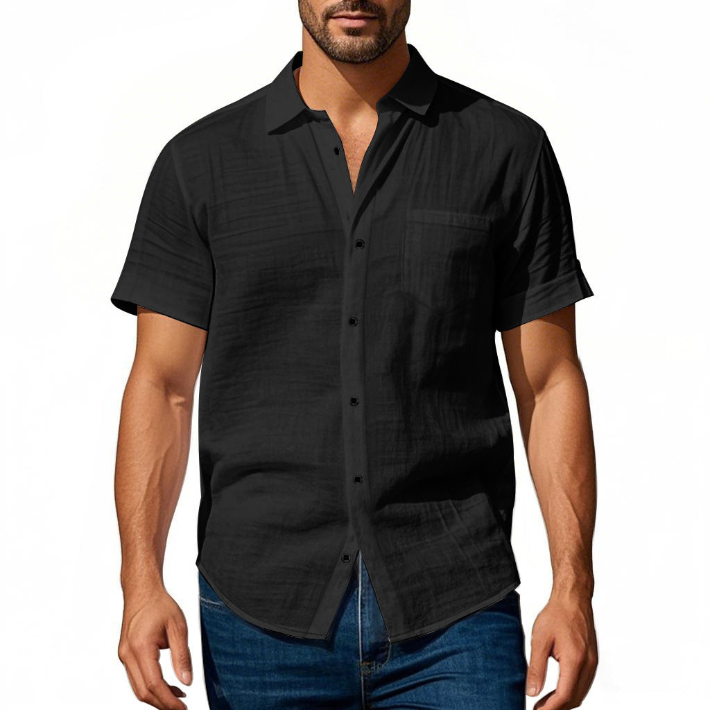Solid Color Casual Linen Blouse With Short Sleeve And Shirt Collar For Men