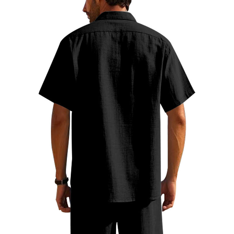 Solid Color Casual Linen Blouse With Short Sleeve And Shirt Collar For Men