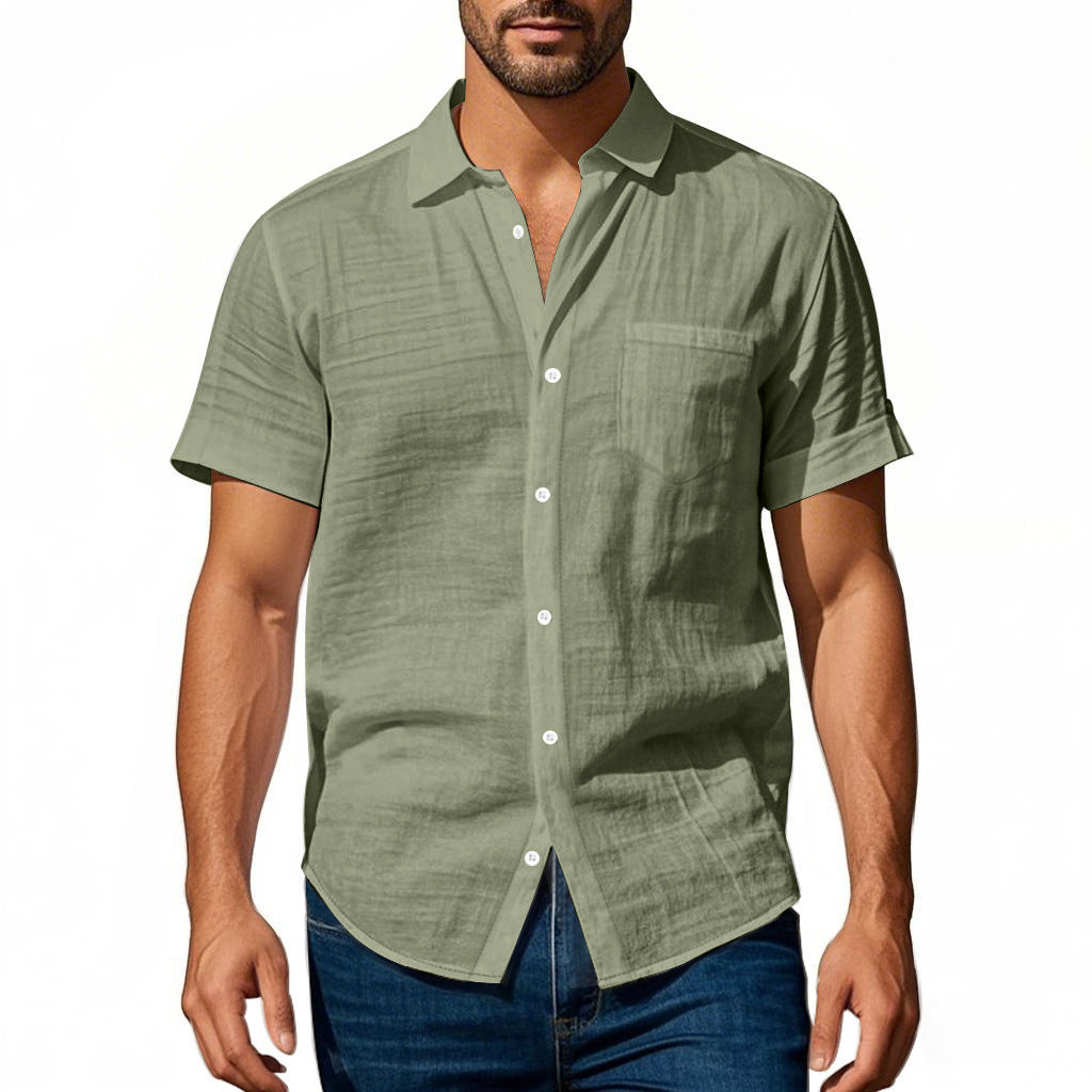 Solid Color Casual Linen Blouse With Short Sleeve And Shirt Collar For Men