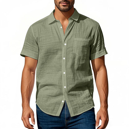 Solid Color Casual Linen Blouse With Short Sleeve And Shirt Collar For Men