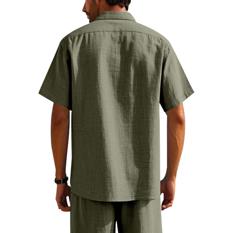 Solid Color Casual Linen Blouse With Short Sleeve And Shirt Collar For Men