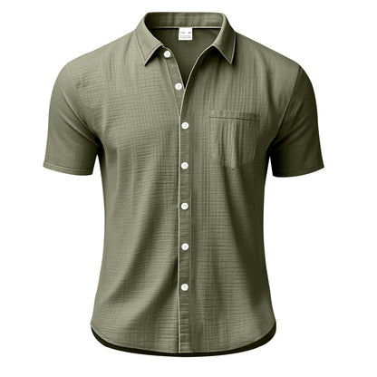Solid Color Casual Linen Blouse With Short Sleeve And Shirt Collar For Men