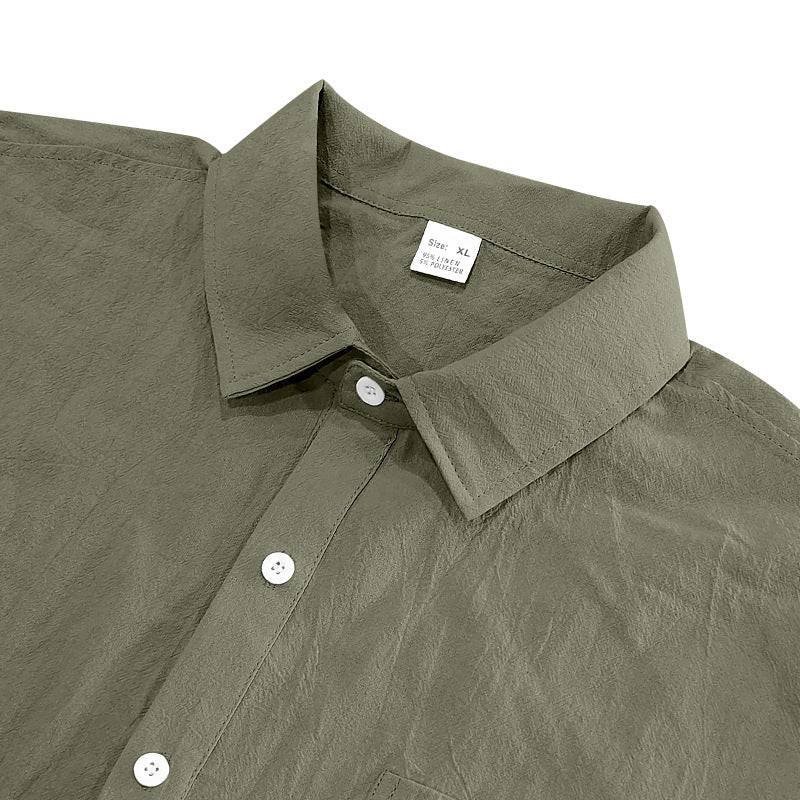 Solid Color Casual Linen Blouse With Short Sleeve And Shirt Collar For Men