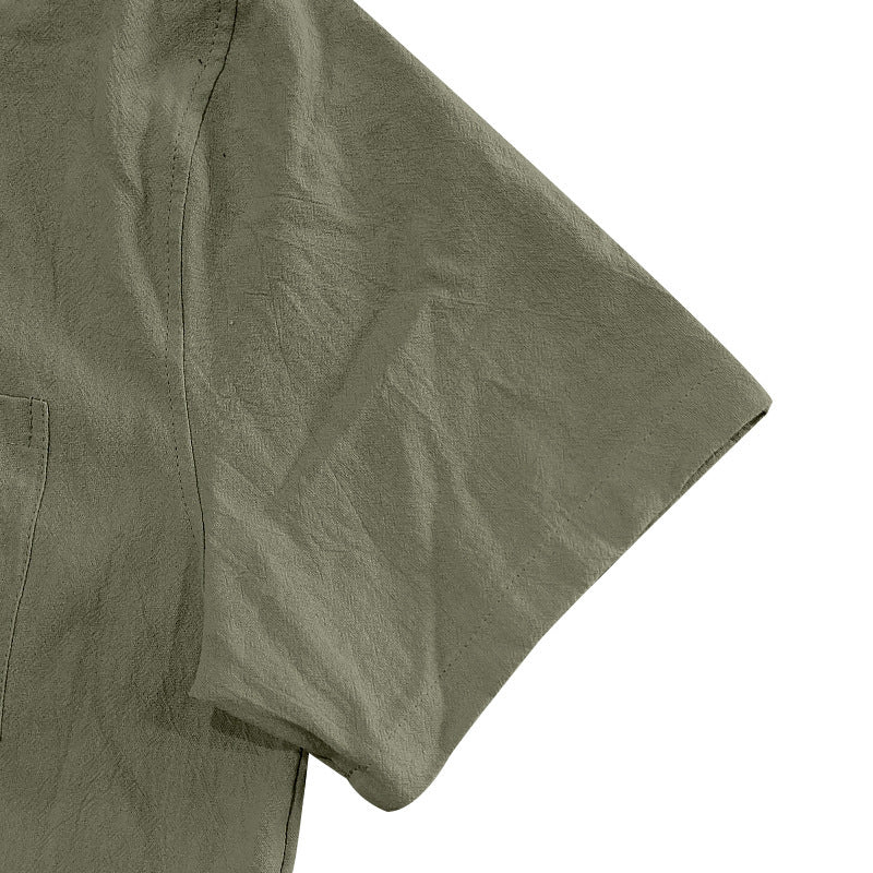 Solid Color Casual Linen Blouse With Short Sleeve And Shirt Collar For Men