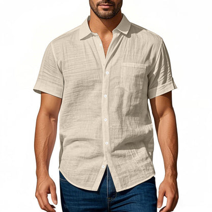 Solid Color Casual Linen Blouse With Short Sleeve And Shirt Collar For Men