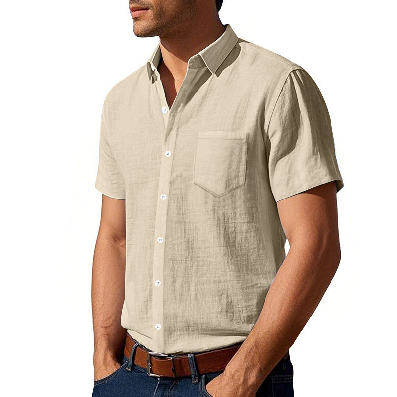 Solid Color Casual Linen Blouse With Short Sleeve And Shirt Collar For Men