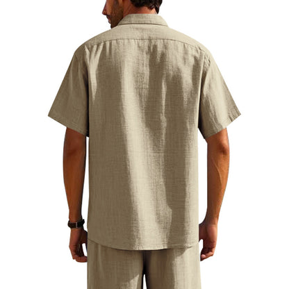 Solid Color Casual Linen Blouse With Short Sleeve And Shirt Collar For Men