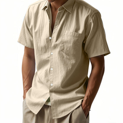 Solid Color Casual Linen Blouse With Short Sleeve And Shirt Collar For Men