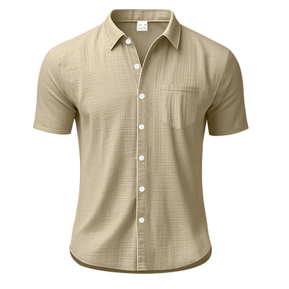 Solid Color Casual Linen Blouse With Short Sleeve And Shirt Collar For Men