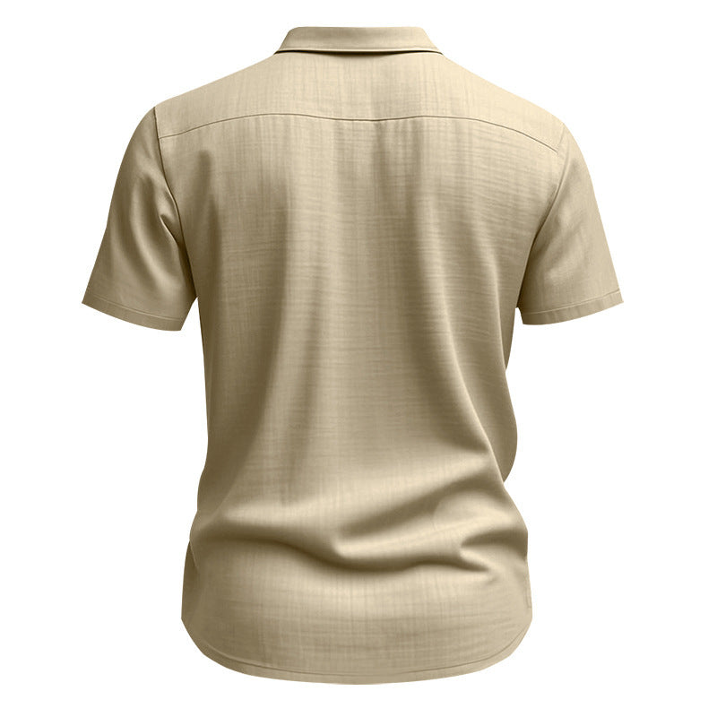 Solid Color Casual Linen Blouse With Short Sleeve And Shirt Collar For Men