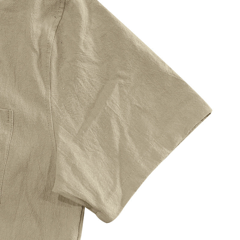 Solid Color Casual Linen Blouse With Short Sleeve And Shirt Collar For Men