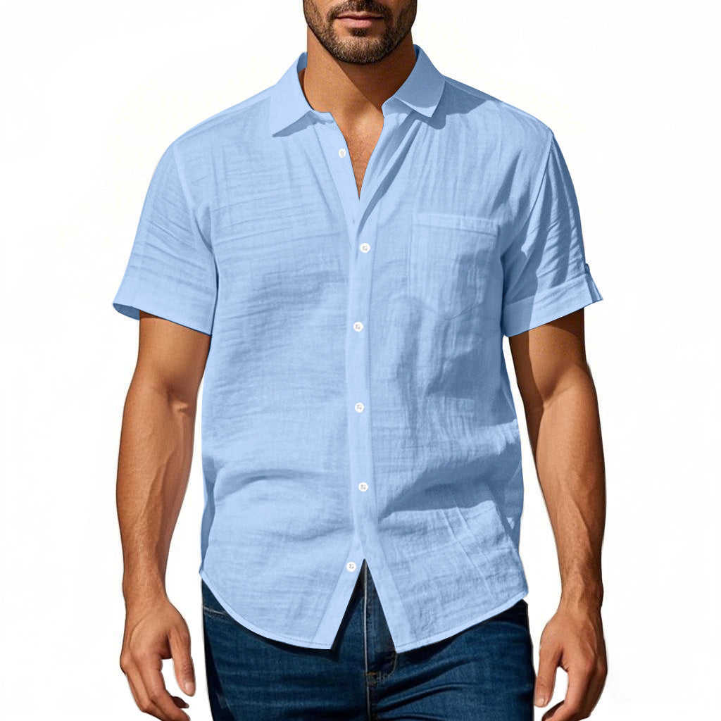 Solid Color Casual Linen Blouse With Short Sleeve And Shirt Collar For Men