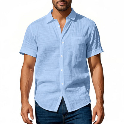 Solid Color Casual Linen Blouse With Short Sleeve And Shirt Collar For Men