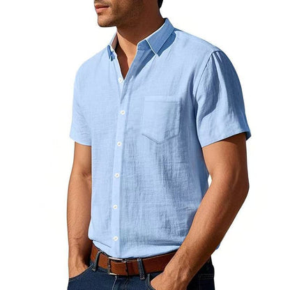 Solid Color Casual Linen Blouse With Short Sleeve And Shirt Collar For Men