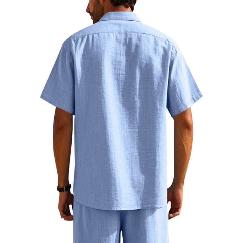 Solid Color Casual Linen Blouse With Short Sleeve And Shirt Collar For Men