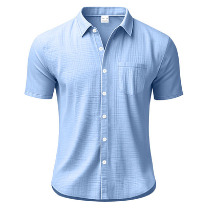 Solid Color Casual Linen Blouse With Short Sleeve And Shirt Collar For Men