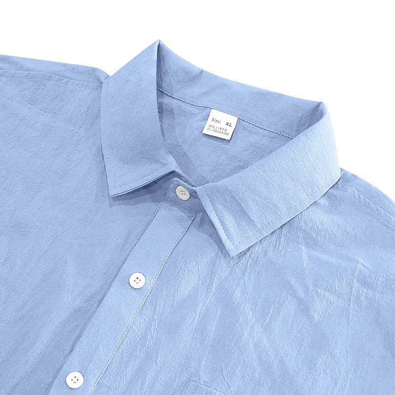 Solid Color Casual Linen Blouse With Short Sleeve And Shirt Collar For Men