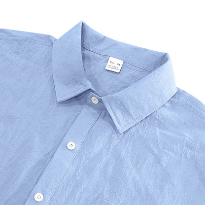 Solid Color Casual Linen Blouse With Short Sleeve And Shirt Collar For Men
