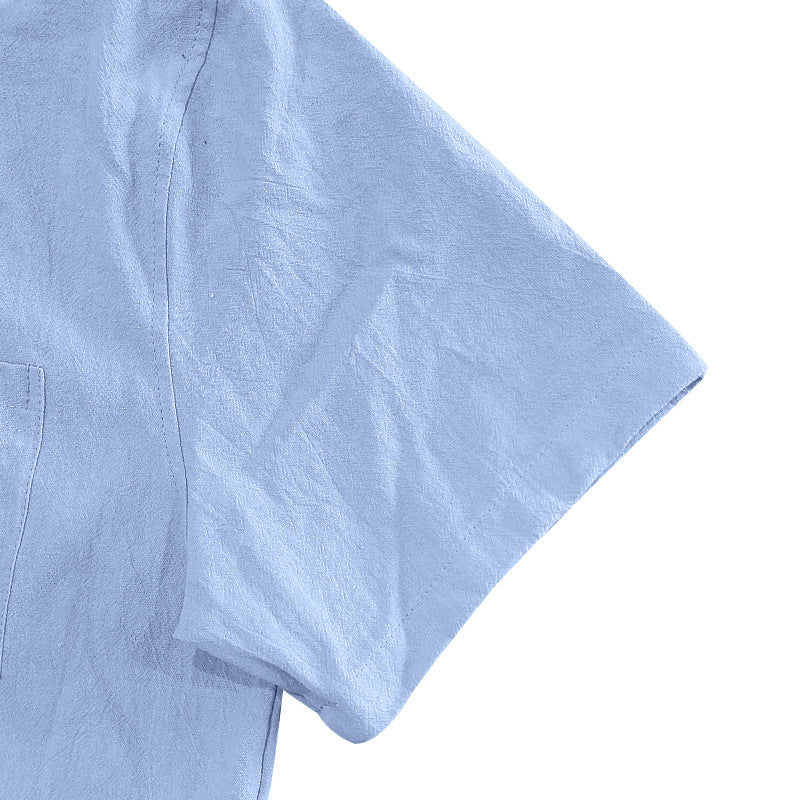 Solid Color Casual Linen Blouse With Short Sleeve And Shirt Collar For Men
