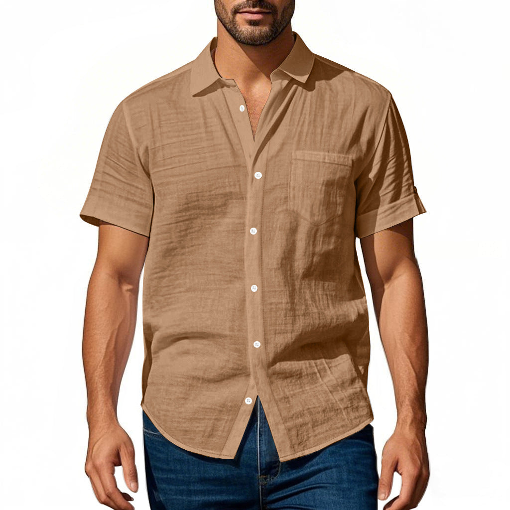 Solid Color Casual Linen Blouse With Short Sleeve And Shirt Collar For Men