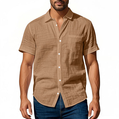 Solid Color Casual Linen Blouse With Short Sleeve And Shirt Collar For Men