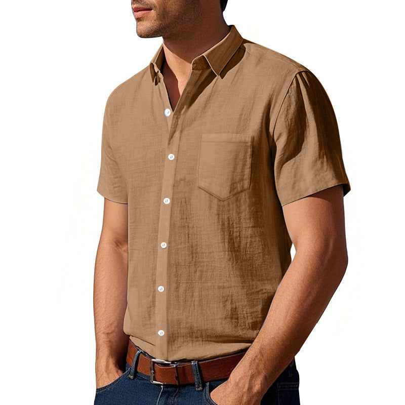 Solid Color Casual Linen Blouse With Short Sleeve And Shirt Collar For Men