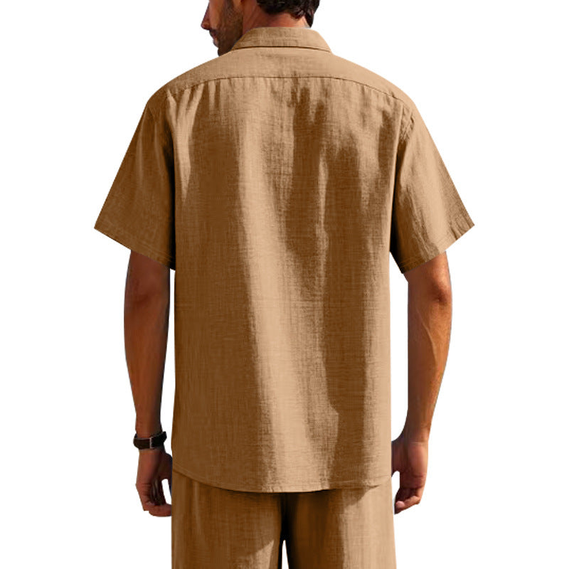 Solid Color Casual Linen Blouse With Short Sleeve And Shirt Collar For Men