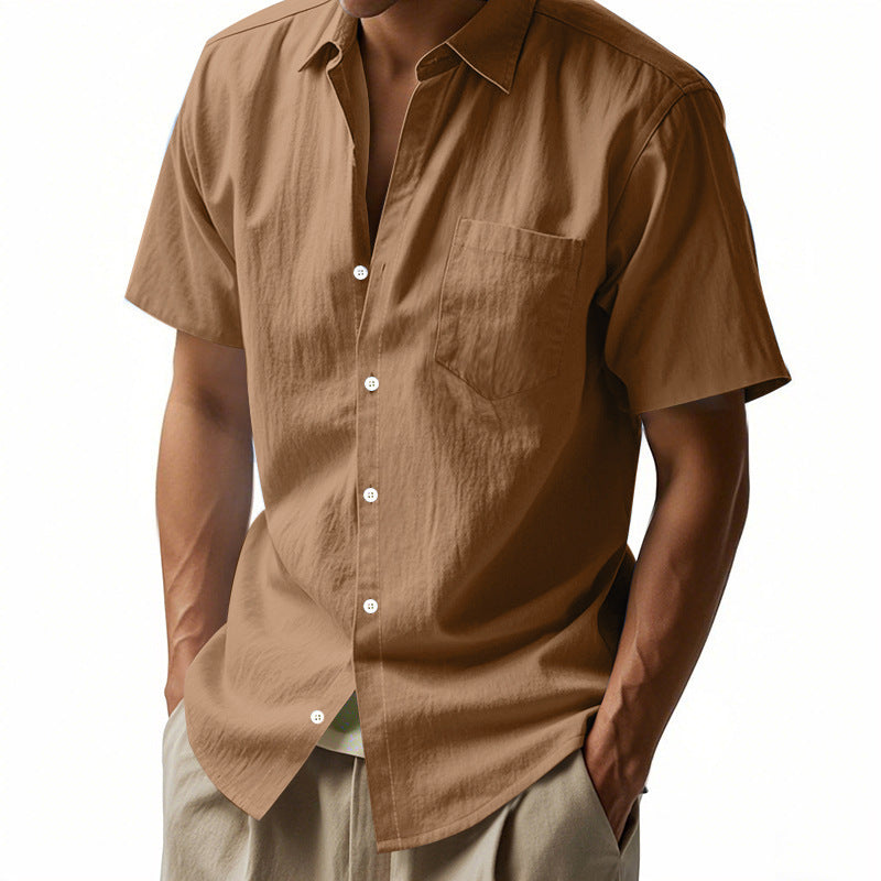 Solid Color Casual Linen Blouse With Short Sleeve And Shirt Collar For Men