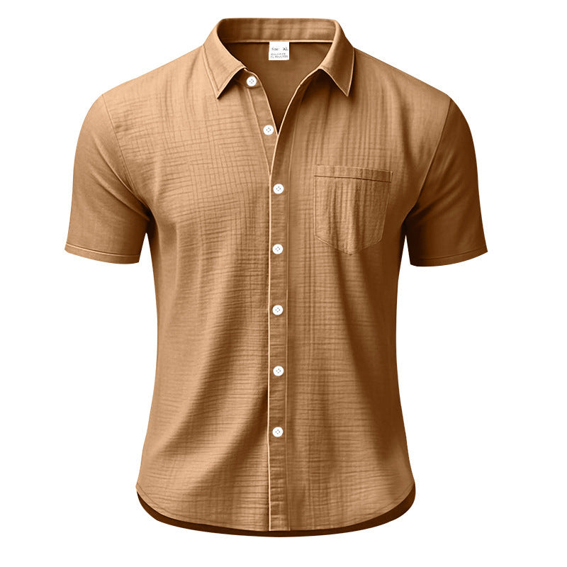 Solid Color Casual Linen Blouse With Short Sleeve And Shirt Collar For Men