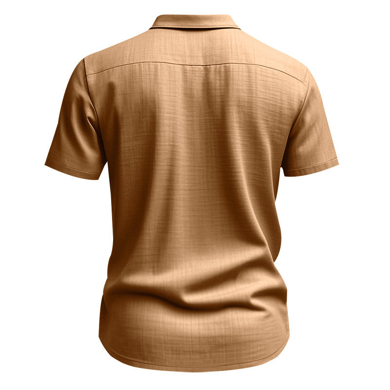 Solid Color Casual Linen Blouse With Short Sleeve And Shirt Collar For Men