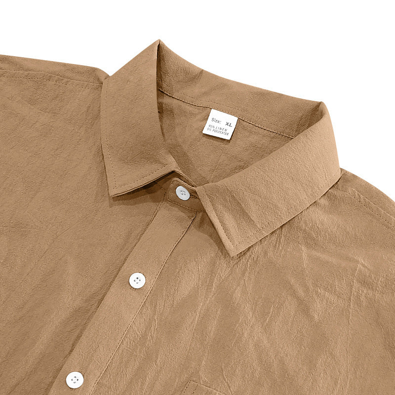 Solid Color Casual Linen Blouse With Short Sleeve And Shirt Collar For Men