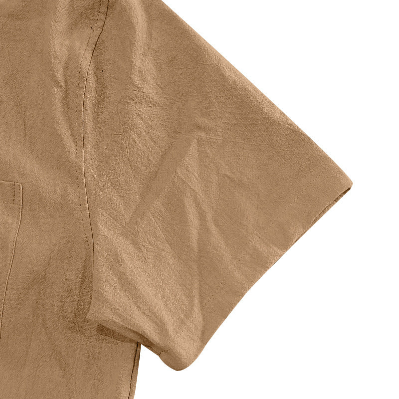 Solid Color Casual Linen Blouse With Short Sleeve And Shirt Collar For Men