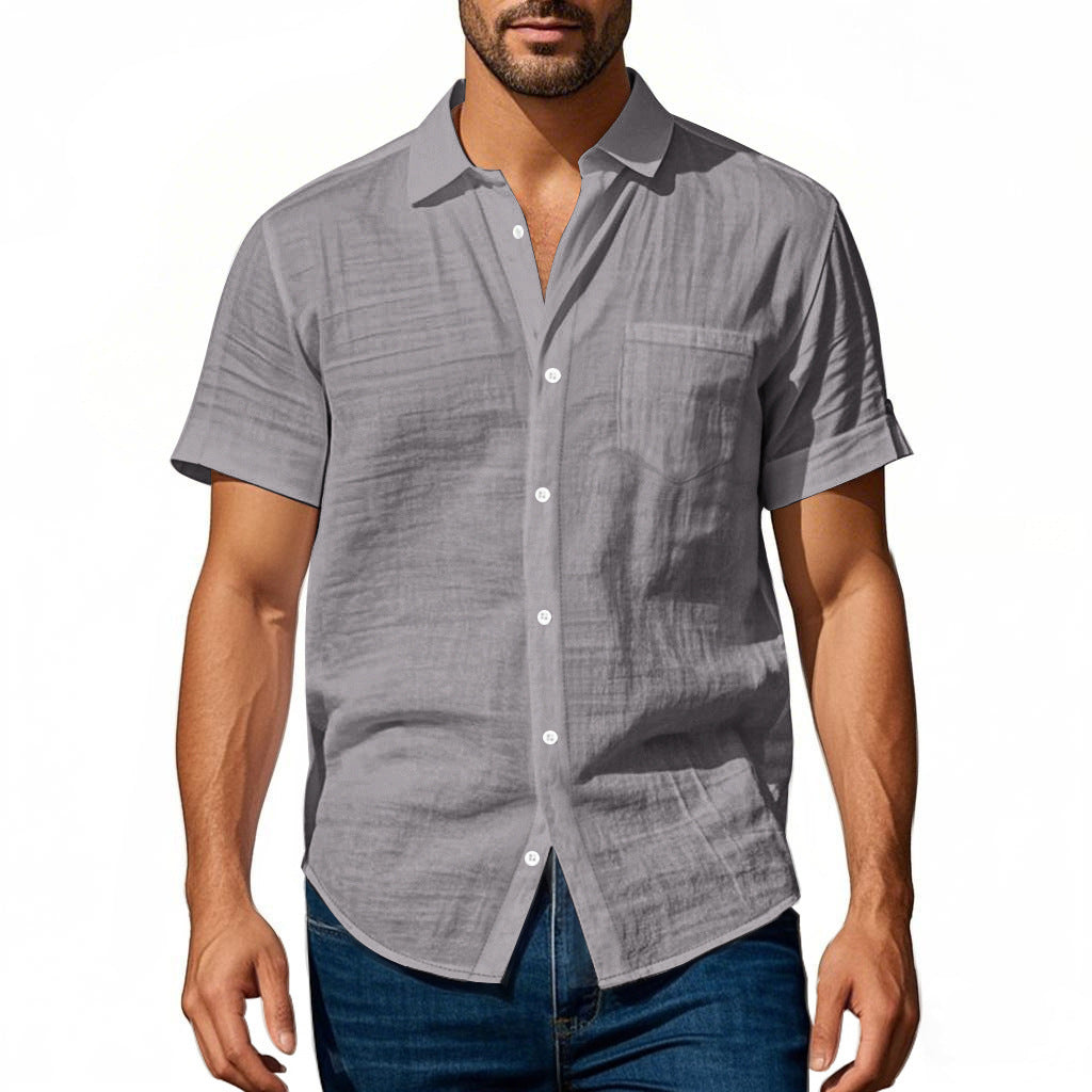Solid Color Casual Linen Blouse With Short Sleeve And Shirt Collar For Men