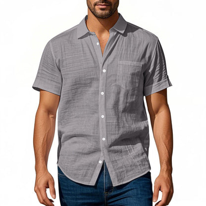 Solid Color Casual Linen Blouse With Short Sleeve And Shirt Collar For Men