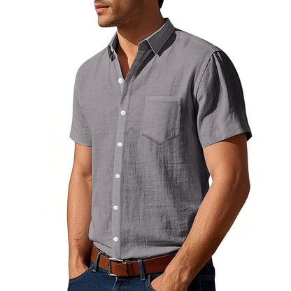 Solid Color Casual Linen Blouse With Short Sleeve And Shirt Collar For Men