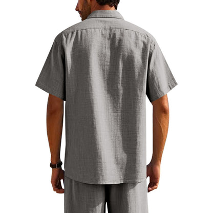 Solid Color Casual Linen Blouse With Short Sleeve And Shirt Collar For Men