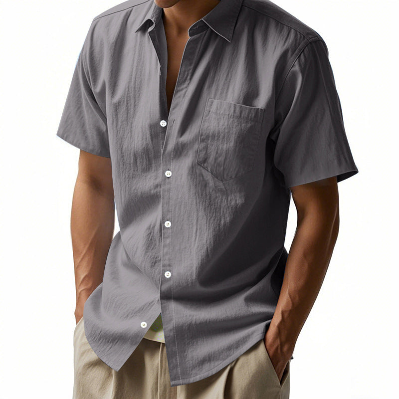 Solid Color Casual Linen Blouse With Short Sleeve And Shirt Collar For Men